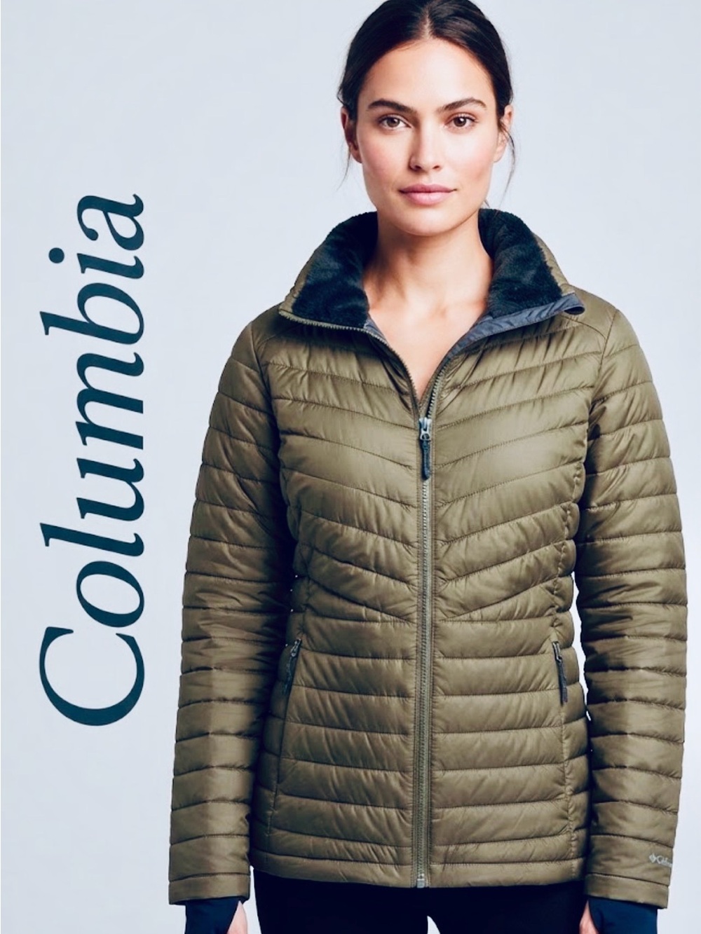 Columbia Sportswear Insulated Down Jacket Olive Green Thermal Omni-Heat Medium